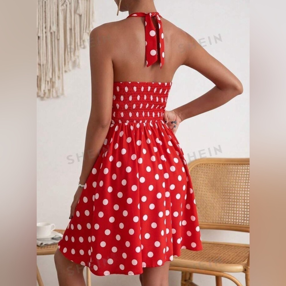 FunFash Women's Red Polka Dot Rockabilly Fit And Flare Halter Dress - 22/24